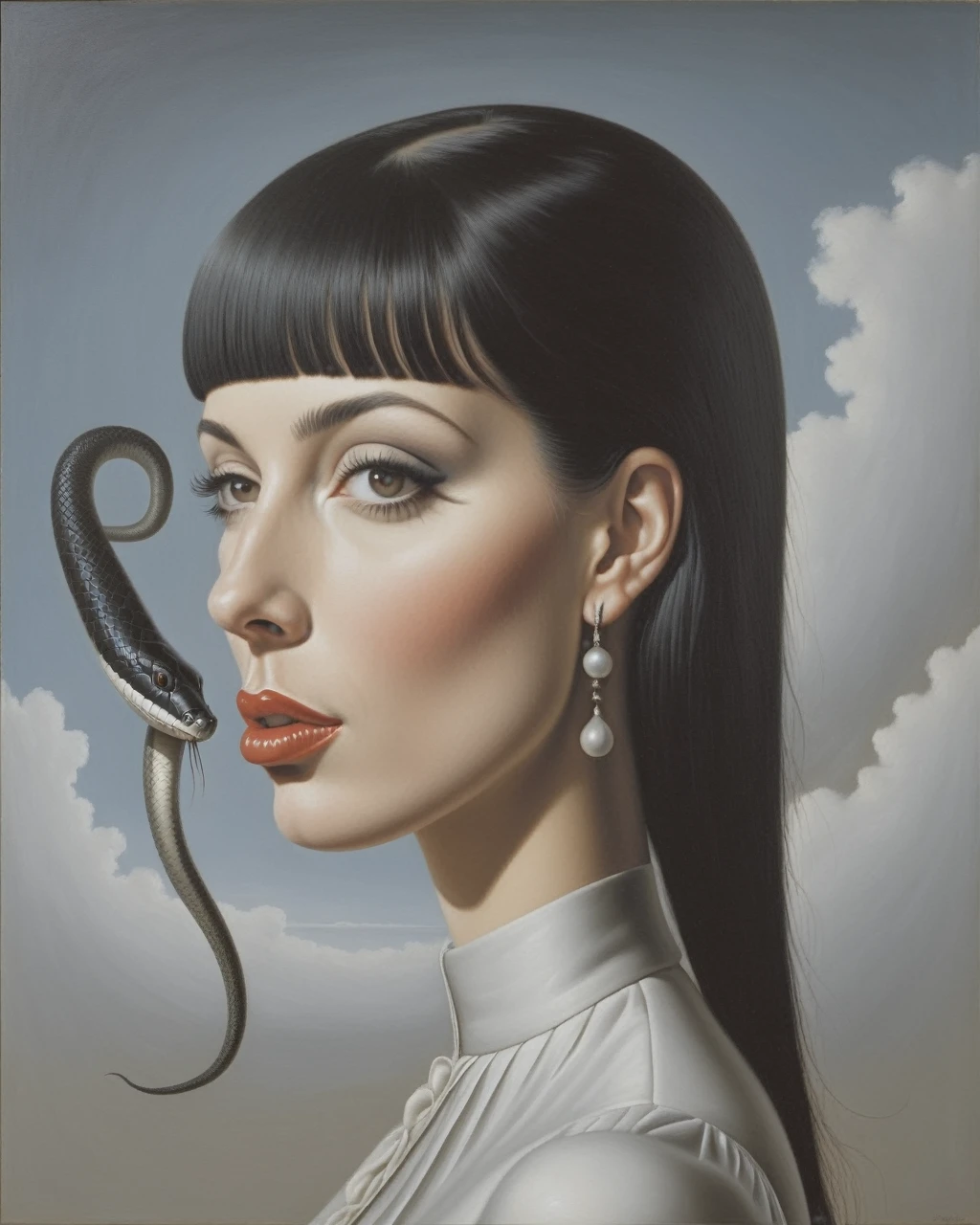 vue latérale, fille blanche, à, cheveux noirs, a une frange. Avoir les yeux totalement noirs, langue fendue comme un serpent, et piercing sur la bouche et les sourcils - estilo surrealista, Oeuvre d&#39;art surrealista, rêver comme, René Magritte très détaillé, Oeuvre d&#39;art, Haute définition, chef-d&#39;œuvre, peindre comme, HD (CORRIGER LE SERPENT