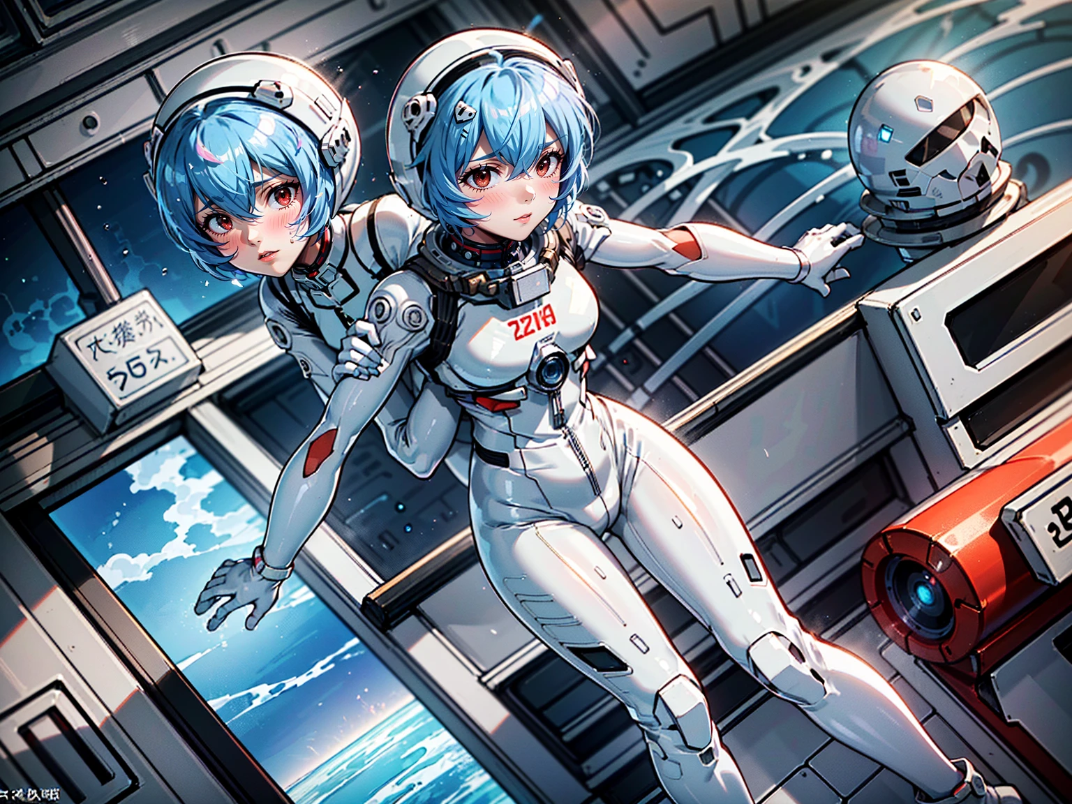 ((Highest quality, 8k wallpaper)),(masterpiece, Highest quality),Very detailed,High resolution,(Official Art:1.3),(((Anime screenshots,Black outline))),One girl,alone, Break mer1,(Rei Ayanami {Neon Genesis Evangelion,}1.2),masterpiece, best quality, outdoor, 1girl, Solo,red eyes,short hair,blue hair, (White plug suit:1.4), skin tight,(backlight, shaded face, cross-eyed, rolling eyes, empty eyes, jitome, raised eyebrows, one eye closed:1.3),(((Covered in sweat, Mass sweat, Sweating profusely,steam,space helmet:1.7))), (((fighting stance, knees together feet apart, leaning forward, holding own arms, bent legs:1.8))),(((独奏, cowboy shot:1.7))), 