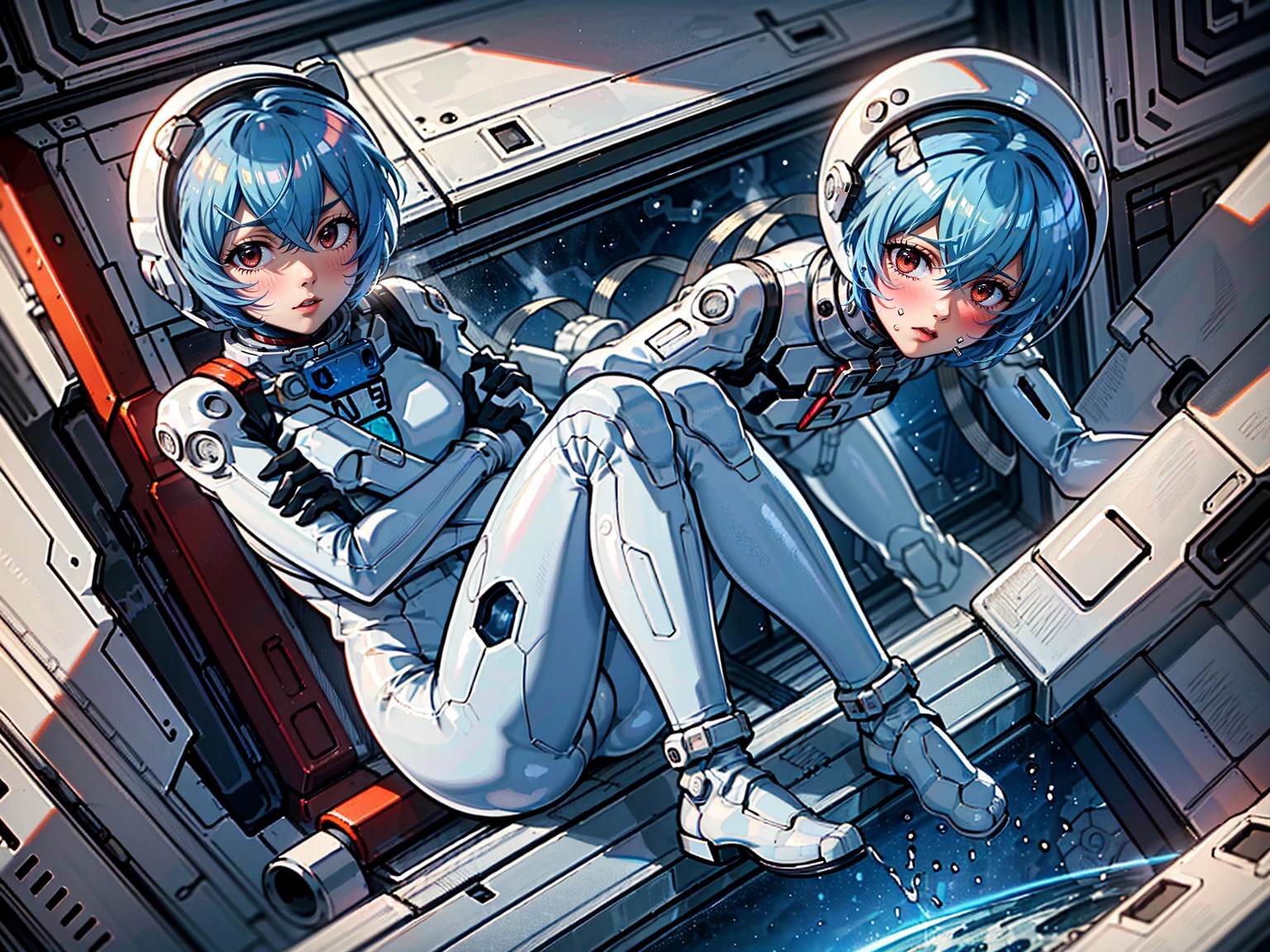 ((Highest quality, 8k wallpaper)),(masterpiece, Highest quality),Very detailed,High resolution,(Official Art:1.3),(((Anime screenshots,Black outline))),One girl,alone, Break mer1,(Rei Ayanami {Neon Genesis Evangelion,}1.2),masterpiece, best quality, outdoor, 1girl, Solo,red eyes,short hair,blue hair, (White plug suit:1.4), skin tight,(backlight, shaded face, cross-eyed, rolling eyes, empty eyes, jitome, raised eyebrows, one eye closed:1.3),(((Covered in sweat, Mass sweat, Sweating profusely,steam,space helmet:1.7))), (((fighting stance, knees together feet apart, leaning forward, holding own arms, bent legs:1.8))),(((独奏, cowboy shot:1.7))), 