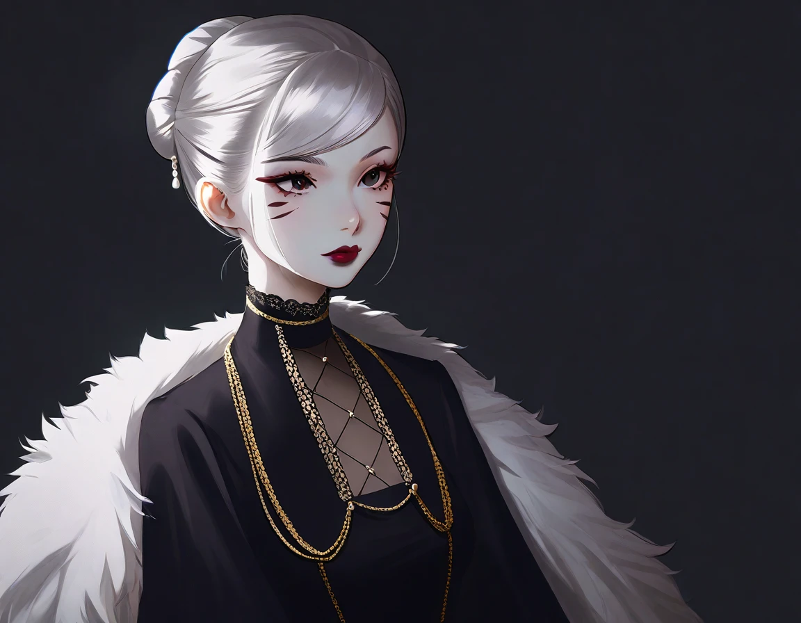 score_9, score_8_up, score_7_up, score_6_up BREAK, 1girl,solo, slim, pale skin tone, beauty mark, dark red lipstick, regal dressing, fur trimmed black dress, dark background, bun hairstyle,
