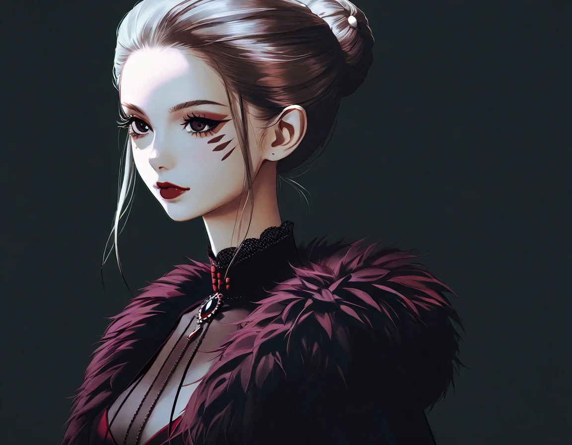 score_9, score_8_up, score_7_up, score_6_up BREAK, 1girl,solo, slim, pale skin tone, beauty mark, dark red lipstick, regal dressing, fur trimmed black dress, dark background, bun hairstyle,
