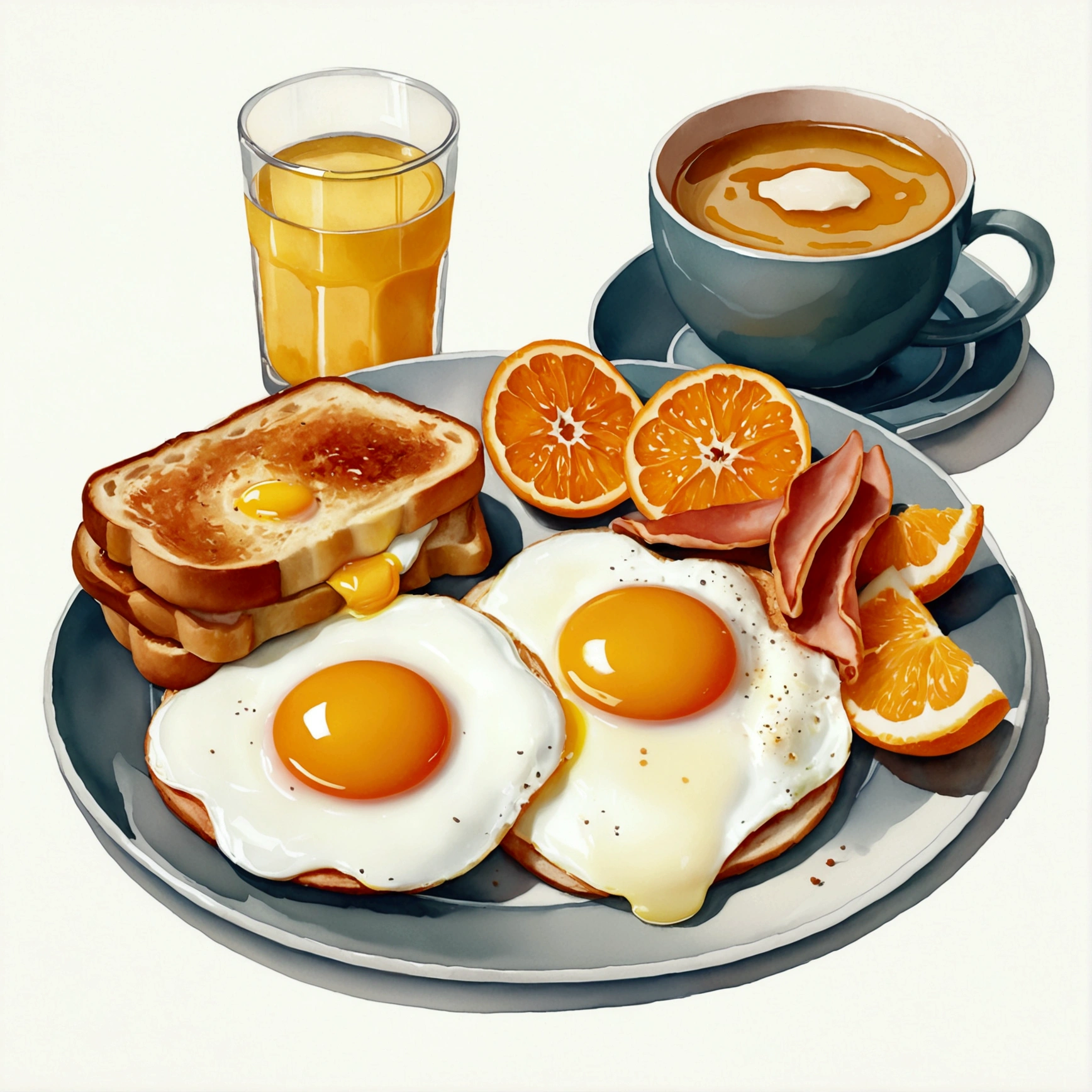 there is a plate of breakfast food with orange slices and eggs, oil painting of breakfast, amazing food illustration, hearty breakfast, in style of digital illustration, by Tom Wänerstrand, highly detailed composition, by Joe Bowler, painterly illustration, photorealistic illustration, by Jeka Kemp, super realistic food picture, artistic illustration, white plate, and white cup 