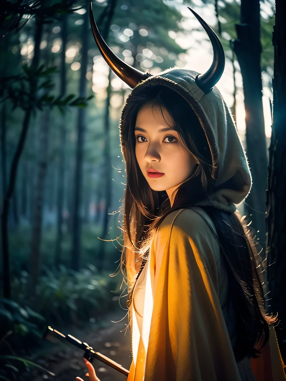 "solitary". Cowboy shooting, (Gray gloomy background, Dark Forest. Melancholy and despair, Dark Dramatic Lighting, Vignette), Realistic eyes, Pretty Face, 1. Girl in perfect shape, Druid, There are large antlers on the head, (The horn is fully visible in the frame:1.5). Long and straight hair, Flowers, firefly, Tangled branches, (She wears a veil with a hood), ((Perfect anatomical structure)), full, Upper Body, Head-to-back shooting, (Glowing eyes), A black magic, Gothic, Burn orange gradient, magic, nature, magic splash, 3D vector graphics, Fantasy Art, Watercolor effect, bokeh, Hand Painted, number, Soft lighting, Isometric style, Retro aesthetics, 4K resolution, Use Cinema 4D, Nature Lighting, , masterpiece, Very detailed, Wheel within a wheel, Ultimate texture, Fear, Excellent, crawl, Scarimog&#39;Refinement and tranquility. Emphasis on low-poly style, The overall appearance should be stylish and beautiful, This makes it suitable for branding and logos.