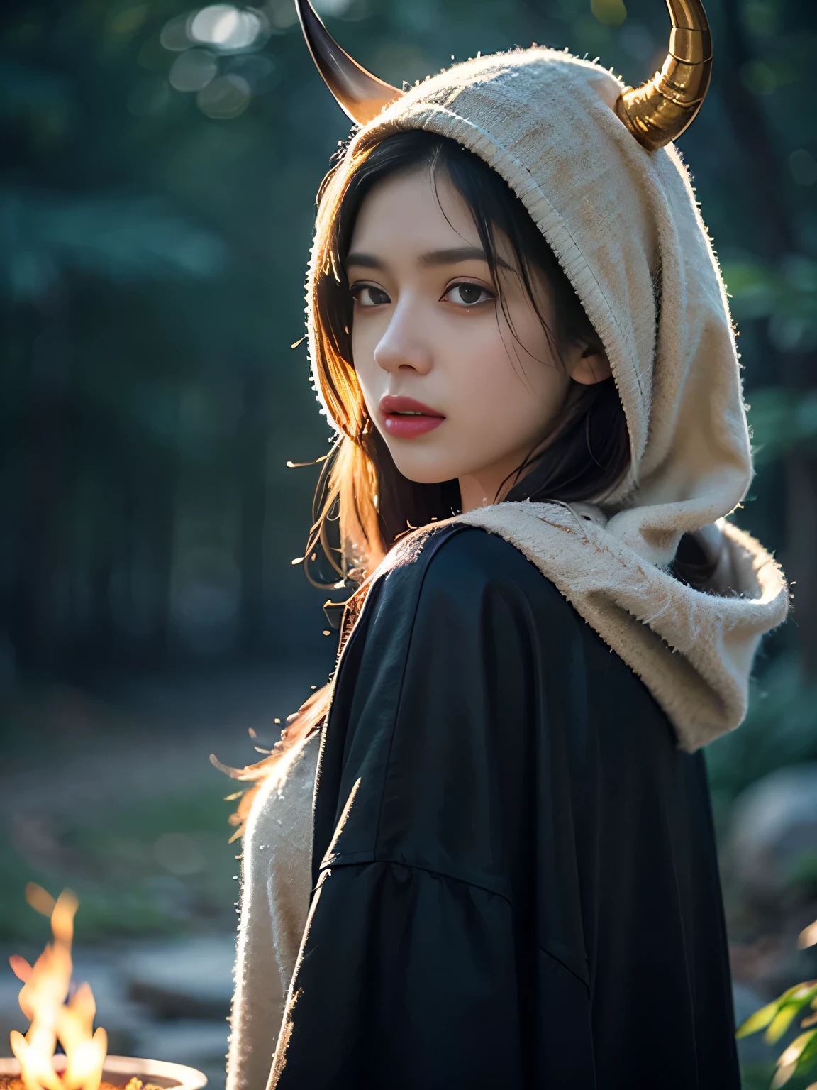 "solitary". Cowboy shooting, (Gray gloomy background, Dark Forest. Melancholy and despair, Dark Dramatic Lighting, Vignette), Realistic eyes, Pretty Face, 1. Girl in perfect shape, Druid, There are large antlers on the head, (The horn is fully visible in the frame:1.5). Long and straight hair, Flowers, firefly, Tangled branches, (She wears a veil with a hood), ((Perfect anatomical structure)), full, Upper Body, Head-to-back shooting, (Glowing eyes), A black magic, Gothic, Burn orange gradient, magic, nature, magic splash, 3D vector graphics, Fantasy Art, Watercolor effect, bokeh, Hand Painted, number, Soft lighting, Isometric style, Retro aesthetics, 4K resolution, Use Cinema 4D, Nature Lighting, , masterpiece, Very detailed, Wheel within a wheel, Ultimate texture, Fear, Excellent, crawl, Scarimog&#39;Refinement and tranquility. Emphasis on low-poly style, The overall appearance should be stylish and beautiful, This makes it suitable for branding and logos.