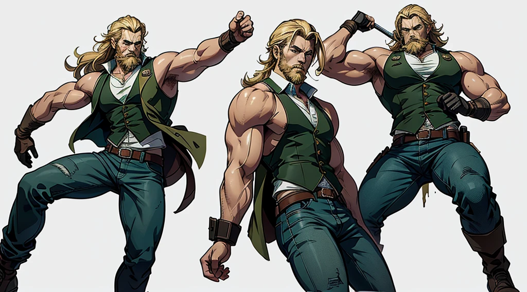 character ANIME man, FULL BODY, standing, STRONG, long blonde hair, ((design sketches)), (masterpiece), extremely detailed, (original design reserved), (random poses), LEADER, (unique accessories), (clothing, green vest, jeans), (bearded face) professionally retouched, white background, (male: 1.1) martial arts, parkour (cauça Jeans r: 0.8), (dirty: 1.1), (movement: 0.8), (young: 1.3), (sprint: 0.6) (silent hill concept) (resident evil concept)  