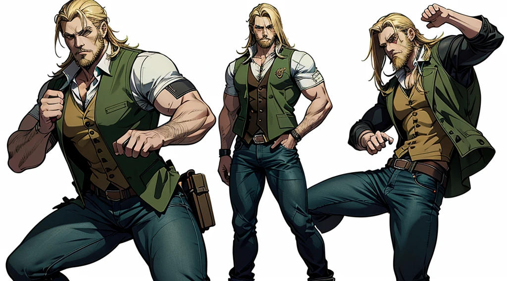 character ANIME man, FULL BODY, standing, STRONG, long blonde hair, ((design sketches)), (masterpiece), extremely detailed, (original design reserved), (random poses), LEADER, (unique accessories), (clothing, green vest, jeans), (bearded face) professionally retouched, white background, (male: 1.1) martial arts, parkour (cauça Jeans r: 0.8), (dirty: 1.1), (movement: 0.8), (young: 1.3), (sprint: 0.6) (silent hill concept) (resident evil concept)  