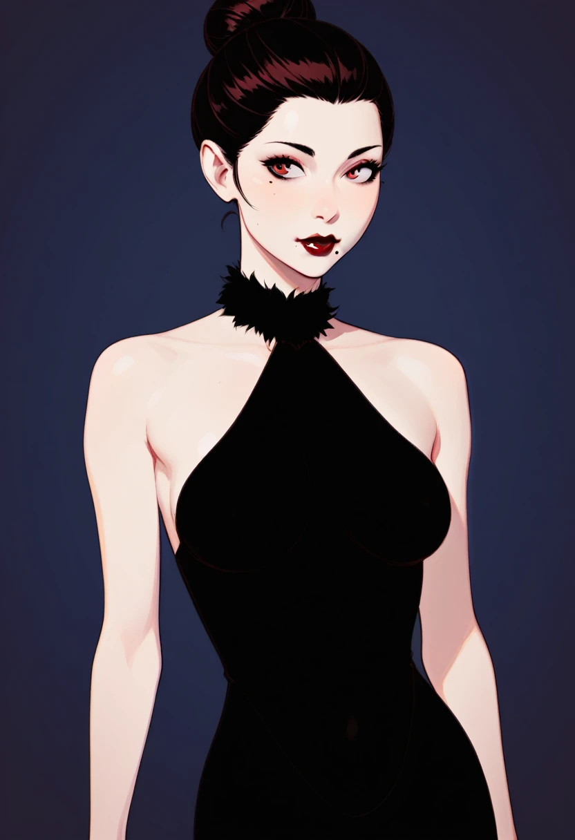 score_9, score_8_up, score_7_up, score_6_up BREAK, 1girl,solo, slim, pale skin tone, beauty mark, dark red lipstick, regal dressing, fur trimmed black dress, dark background, bun hairstyle,
