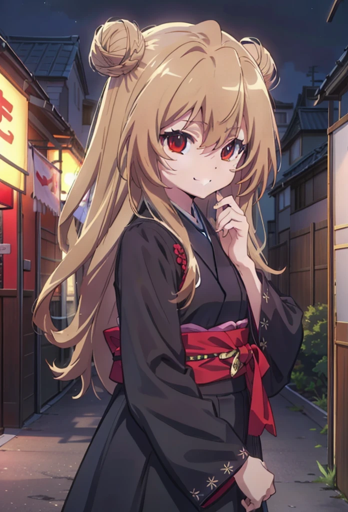 taiga aisaka, taiga aisaka, Long Hair, Brown Hair, Brown eyes,happy smile, smile, Close your mouth,Hair Bun, single  Hair Bun,Black kimono,Thick sleeves,,日本のfestival,夏festivalの屋台,Red lantern,night,As if your whole body is in the illustration,Walking,　　　　　　　　　　　　　　　  break looking at viewer, Upper Body (Cowboy Shot:1. 5),  　　　　　
break outdoors, festival,shrine,
break (masterpiece:1.2), Highest quality, High resolution, unity 8k wallpaper, (shape:0.8), (Beautiful attention to detail:1.6), Highly detailed face, Perfect lighting, Highly detailed CG, (Perfect hands, Perfect Anatomy),