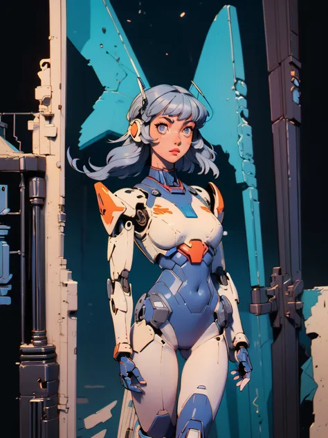 ((girl robot, mecha)), glowing eyes, delicate face, armor cracked, mechanical aura, mechanical arm, gray hair, long hair, cerami...