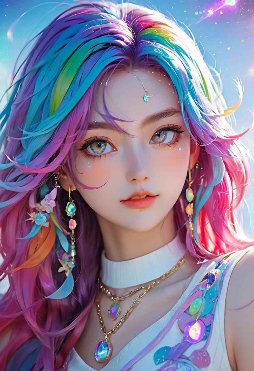 a close up of a woman with rich and colorful hair and a necklace, Anime girl with cosmic long hair, rossdraws bright pastels, artwork in the style of Gu Weiss, Fantasy art style, rich and colorful]”, Vibrant fantasy style, rossdraws cartoon vitality, cosmic and rich and colorful, Gu Weiss, rich and colorfull digital fantasy art, Stunning art style, Beautiful anime style