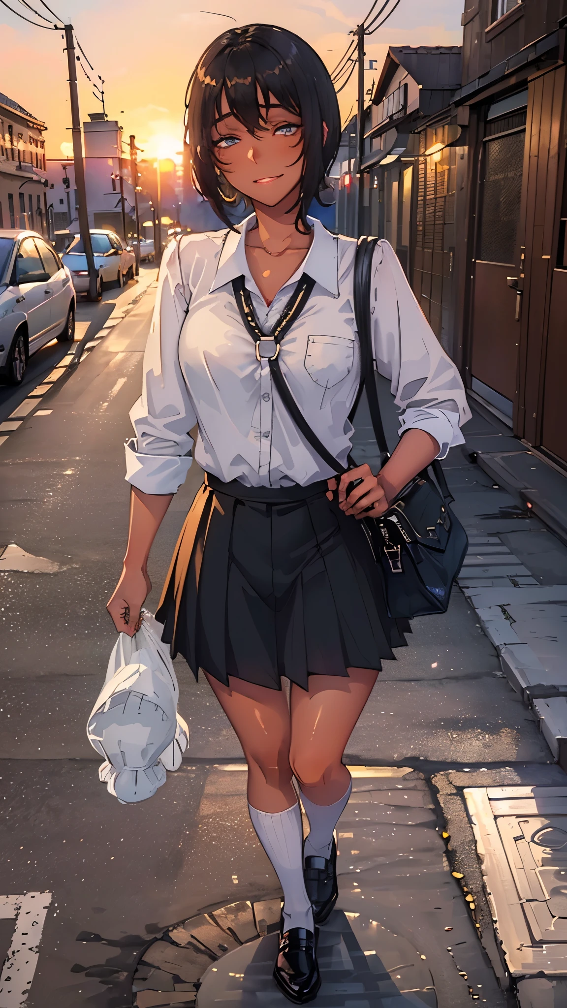 masterpiece, best quality, 1girl, (((teen girl))), ((dark-skinned female)), smile, looking at viewer, detailed eyes, ((short hair)), (((black hair))), blue eyes, ((black and white school uniform)), ((happy)), ((walking)), cute, ((streets)), ((bag)), ((vivid colors)), beautiful detailed sunlight, sunset, detailed background, highest quality, focused, ultra detailed, absurdres, (HDR:1.5)