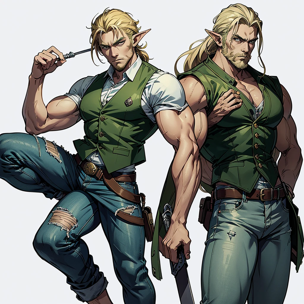 character ANIME man, FULL BODY, standing, STRONG, long blonde hair, ((design sketches)), (masterpiece), extremely detailed, (original design reserved), (random poses), LEADER, (unique accessories), (clothing, green vest, jeans), (bearded face) professionally retouched, white background, (male: 1.1) martial arts, parkour (cauça Jeans r: 0.8), (dirty: 1.1), (movement: 0.8), (young: 1.3), (sprint: 0.6) (silent hill concept) (resident evil concept), (orelhas de elfo)