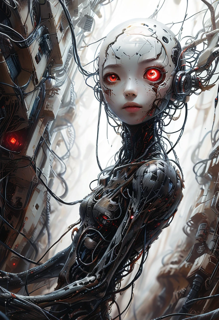 Made by an advanced civilization、With technology that humans cannot even imagine,、An organic body、It looks both beautiful and terrifying、It shines faintly like veins running.、Artificial Life Forms、White body、A body invaded by technology、