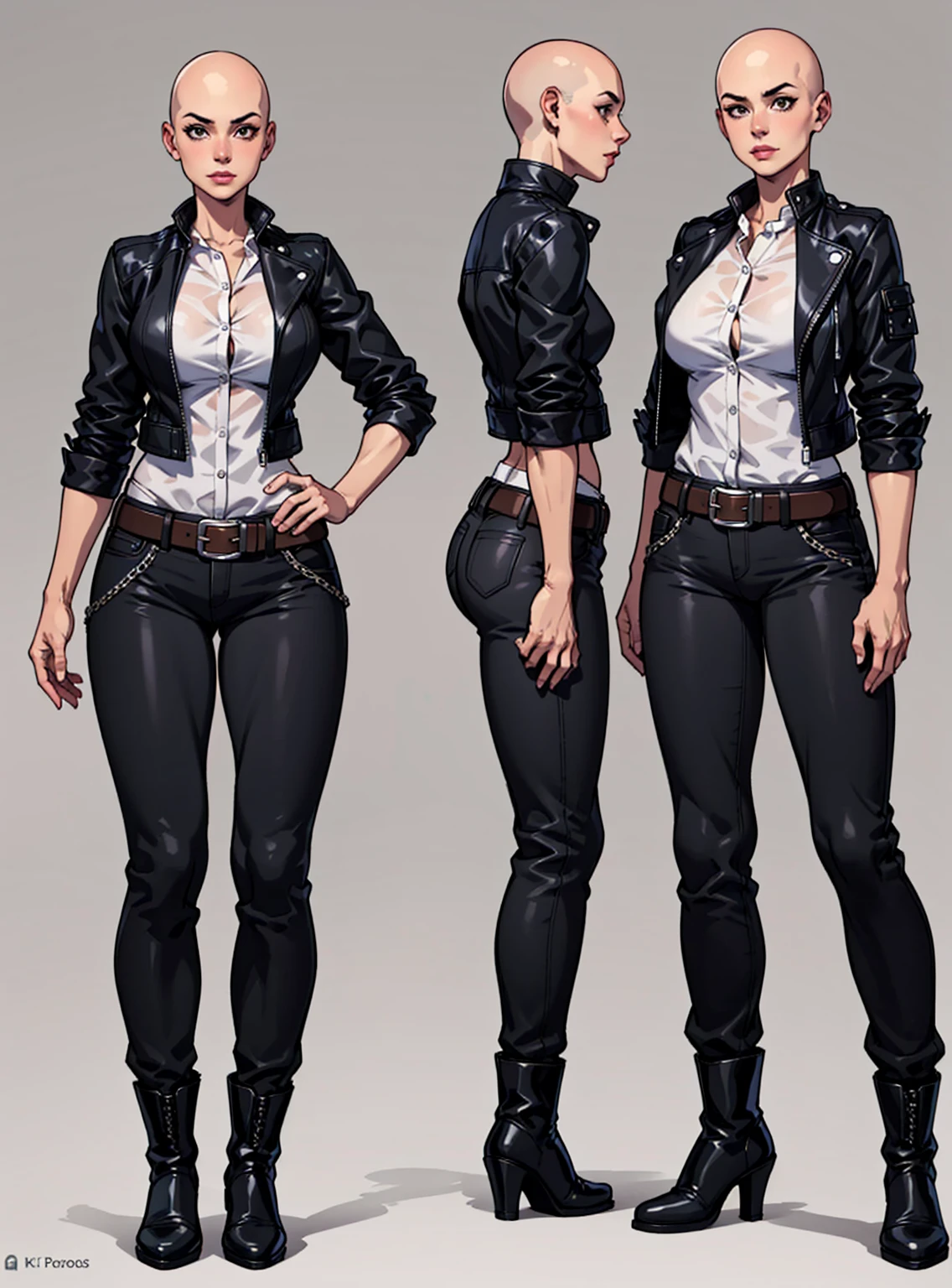 digital art, highly detailed, reference sheet in multiple angles, standing pose, feminine features, mature woman, adult female, whole body, bald, form-fitting, biker jacket, office shirt, sleeves folded up to mid-arm, double belt, long pants, heeled boots, 1woman, solo, upper body, lower body, ((Extremely Detailed)), ((Best Quality)), ((Masterpiece)), ((4k)).
.
