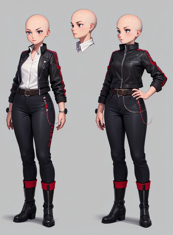 digital art, highly detailed, reference sheet in multiple angles, standing pose, feminine features, mature woman, adult female, whole body, bald, form-fitting, biker jacket, office shirt, sleeves folded up to mid-arm, double belt, long pants, heeled boots, 1woman, solo, upper body, lower body, ((Extremely Detailed)), ((Best Quality)), ((Masterpiece)), ((4k)). .
