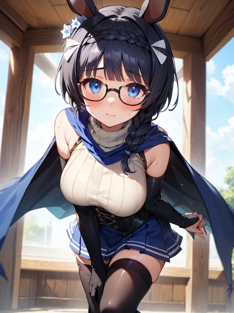 (((zenno rob roy, umamusume,))) braids, blunt cut, medium hair, braid, silver hair, blue eyes, droopy eyes, pale skin, glasses, cute face, huge breasts, blush, embarrassed, wet skin, shiny skin, sweat, steam, humid, ((((Turtleneck Sweater, Bare shoulder, black elbow gloves, blue corset skirt, black thighhighs, blue cape,)))) see-through, 