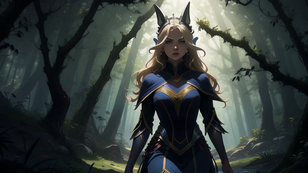 "Elf with a captivating look, unearthly beauty, flowing golden hair, pointed ears, dressed in elaborate elven attire, surrounded by a mystical forest, soft sunlight, breaking through lush greenery."