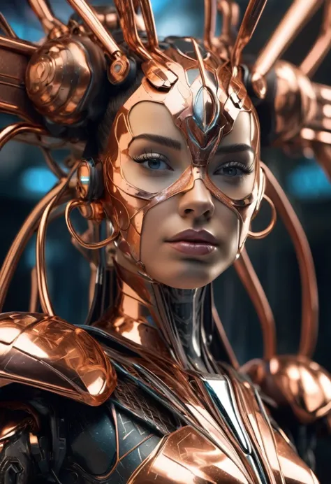 a stunning robot made of copper piping with hair made of intricate copper piping, cascading down like a metallic waterfall. she ...