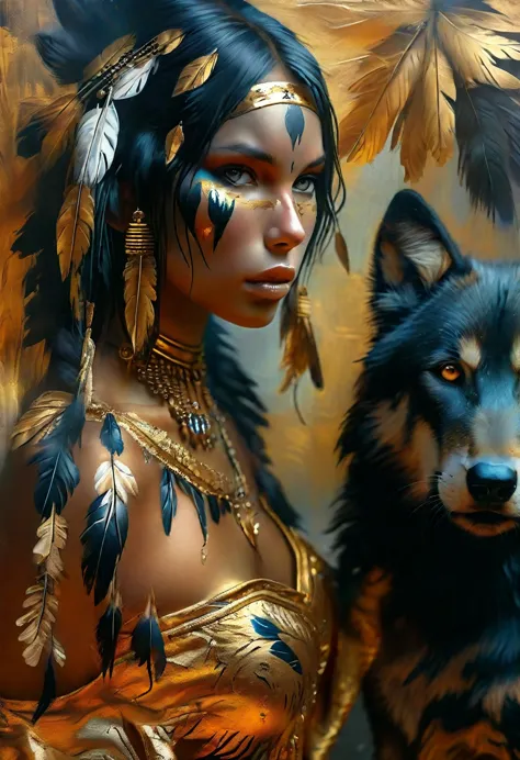 picture of a woman with apache feathers and a black wolf, airbrush, draped in gold, loincloth, native american makeup, warrior g...