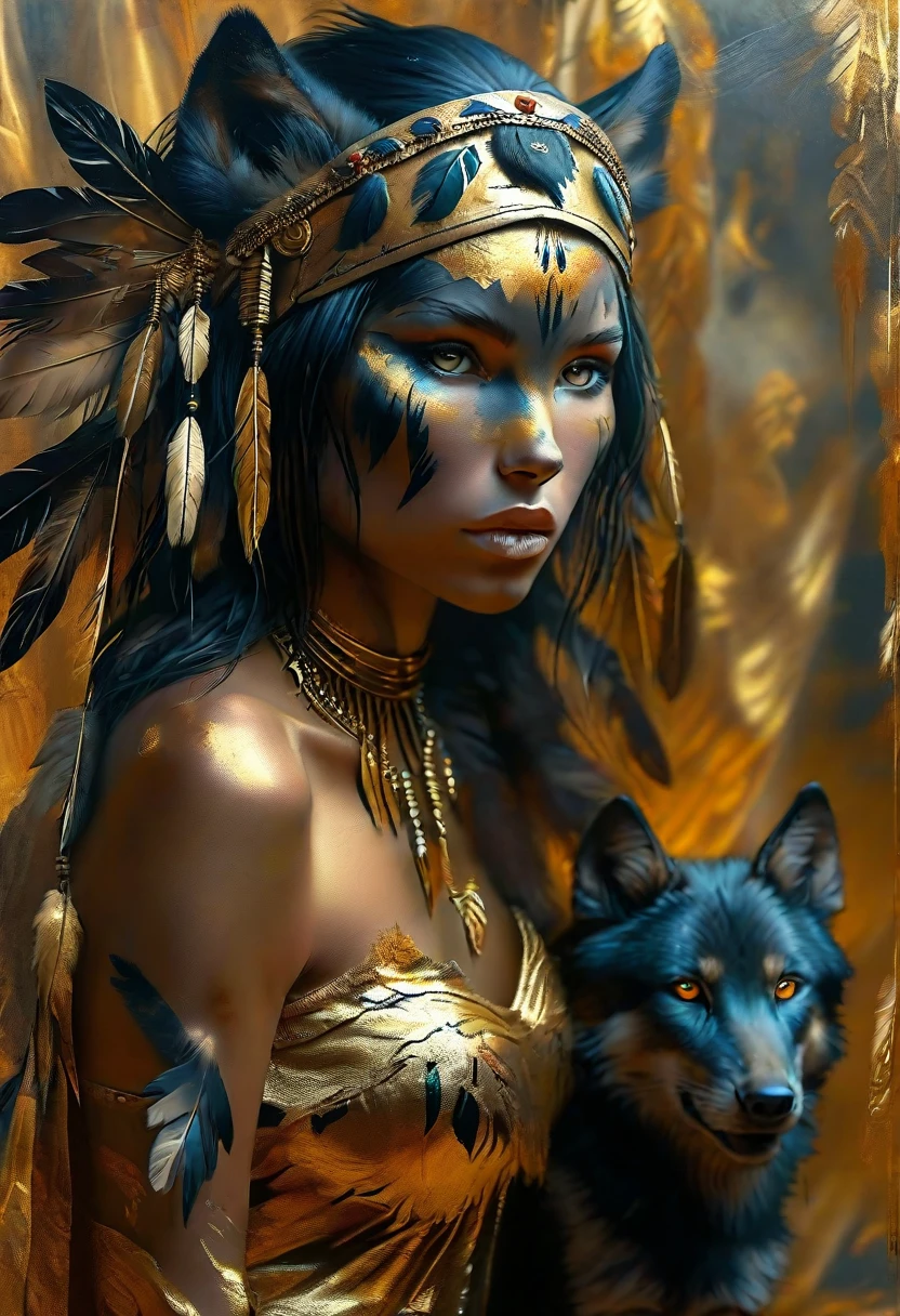 Picture of a woman with Apache feathers and a black wolf, airbrush, draped in gold, loincloth, Native American makeup, warrior girl, oil on canvas detail, wolp, formidable and seductive, beautiful aesthetic, artistic 8 k, beautiful avatar 8 k post, ashe, artgerm detail, ceremonial, beautiful wallpaper" --ar 3:5