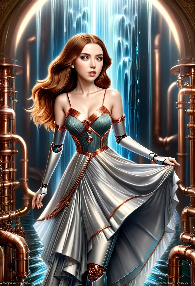 A stunning robot made of copper piping with hair made of intricate copper piping, cascading down like a metallic waterfall. She wears a dress fashioned from delicate, interwoven copper pipes, glinting under the light. Her visage is a mesmerizing blend of Alison Brie, Scarlett Johansson, and Dove Cameron, creating a unique, symmetrical face that exudes elegance and grace. The entire scene is rendered in photorealistic quality, capturing every fine detail with stunning clarity. The overall artwork is a masterpiece, presented in 8K high resolution, showcasing the top-quality craftsmanship and artistic vision.