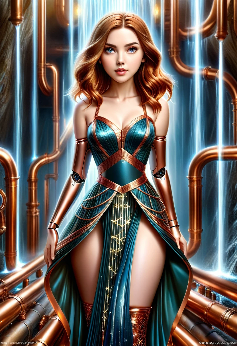 A stunning robot made of copper piping with hair made of intricate copper piping, cascading down like a metallic waterfall. She wears a dress fashioned from delicate, interwoven copper pipes, glinting under the light. Her visage is a mesmerizing blend of Alison Brie, Scarlett Johansson, and Dove Cameron, creating a unique, symmetrical face that exudes elegance and grace. The entire scene is rendered in photorealistic quality, capturing every fine detail with stunning clarity. The overall artwork is a masterpiece, presented in 8K high resolution, showcasing the top-quality craftsmanship and artistic vision.
