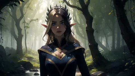 "Elf with a captivating look, unearthly beauty, flowing golden hair, pointed ears, dressed in elaborate elven attire, surrounded...