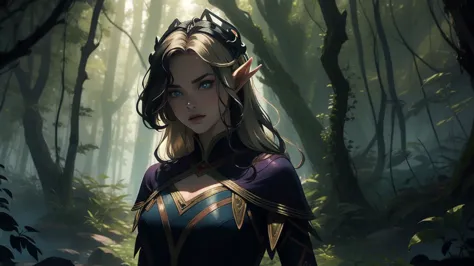 "elf with a captivating look, unearthly beauty, flowing golden hair, pointed ears, dressed in elaborate elven attire, surrounded...