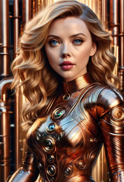 a stunning robot made of copper piping with hair made of intricate copper piping, cascading down like a metallic waterfall. she ...