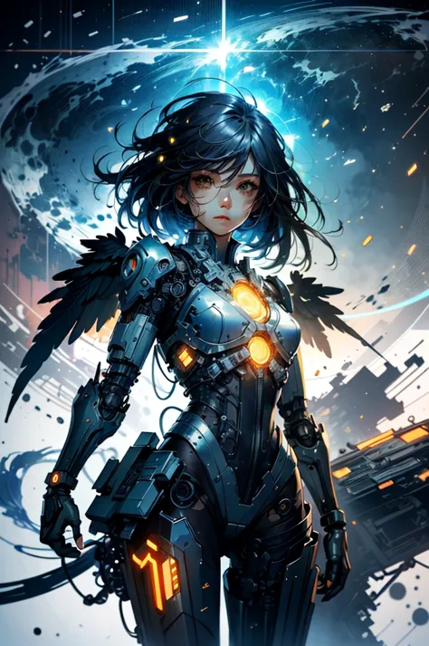 (Masculine Painting:1.3) of (Simple illustration:1.3) wrenchsmechs, glowing, mecha, halo, mechanical wings, long hair,robot,((cy...