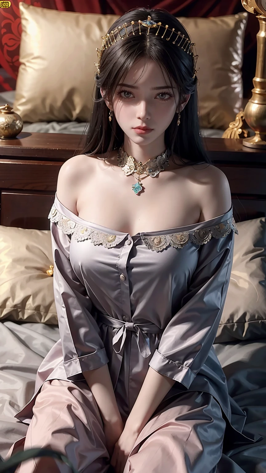 一个女孩Lying in bed，Dressed in suspender pajamas，Face up，Raise your legs slightly，Front view super detailed beautiful big breasted girl 16 years old. Ultra HD, 4K, 8K, Movie，whole body，Lying down，Long legs，Very big breasts，whole body捕捉，（（（Lying in bed））），（（（whole bodyLying in bed））），big bed，Off-shoulder，Shoulder-length skirt，Lying in bed，Sleeping on the pillow，Lying down，Headrest pillows，（（（平Lying in bed））），whole body平Lying in bed，（Long hair），Gray Eyes，Cover your chest with your hands