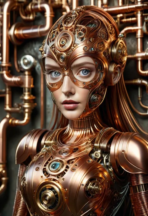 a stunning robot made of copper piping with hair made of intricate copper piping, cascading down like a metallic waterfall. she ...