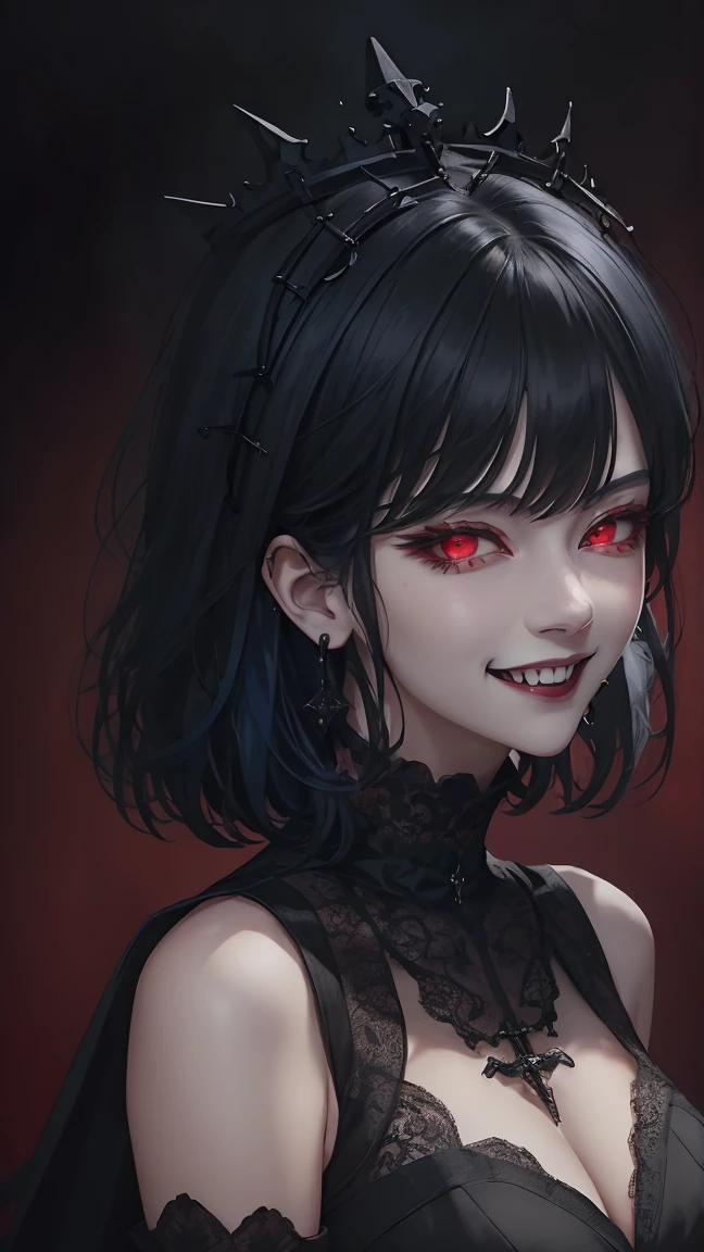 Portrait en gros plan d&#39;une fille vampire , Cheveux bleus,Cheveux courts, Yoran Genshin Impact, robe compliquée, ((gothique)) noble, fond rouge,With a sourire,grande couronne,les yeux rouges,Regard maléfique,Mauvais regard.Boucles d&#39;oreilles noires,Bague noire,Rire diabolique,sourire,Yamato,dent, fille gothique