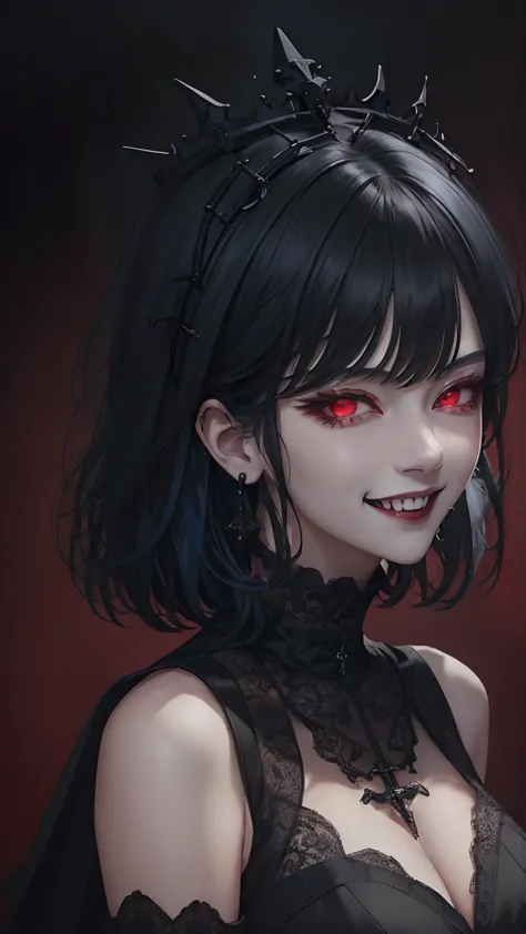 Close-up portrait of a vampire girl , Blue Hair,short hair, Yoran Genshin Impact, Complicated Dress, ((Gothic)) noble, Red backg...