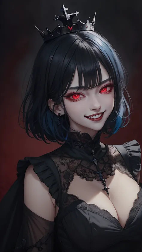 Close-up portrait of a vampire girl , Blue Hair,short hair, Yoran Genshin Impact, Complicated Dress, ((Gothic)) noble, Red backg...