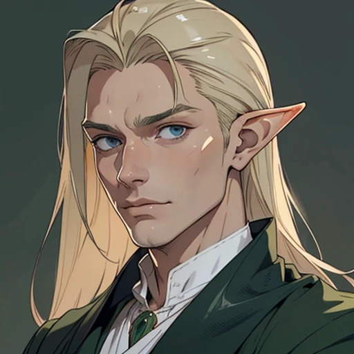 (masterpiece), (best quality),(portrait),(bust up),1boy,solo,(sharp focus),((look at viewer)),elf,(0rlbl0) ,blond hair,adult, (ancient:1),ancient luxurious long clothes,old school fantasy art,((simple background)),super shiny face,Ultra Glossy Skin,dark green outfit,slicked back hair