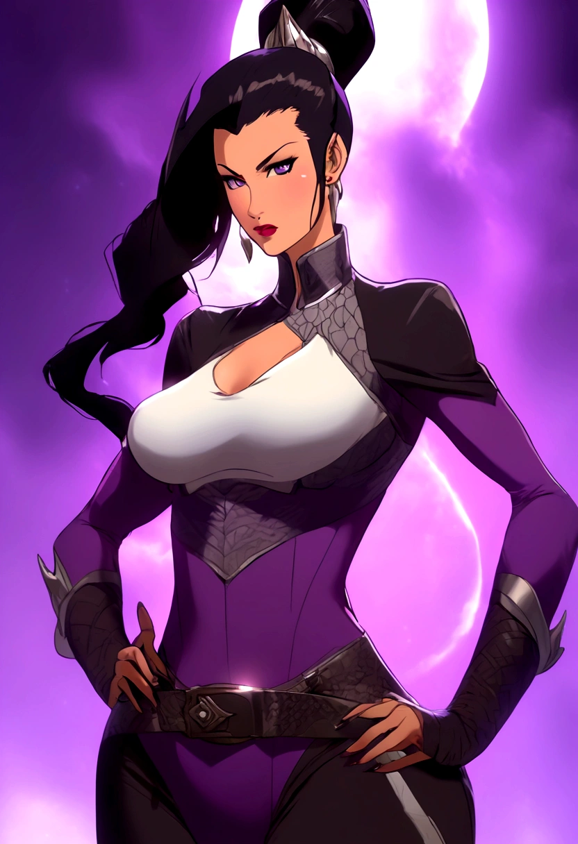 Tall woman, indifferent cold expression, purple and gray eyes, black hair gathered in a high ponytail, open bodysuit outfit, marshal's uniform, belts, white and black clothes, goddess, divine light, pale complexion, goddess, dragon horns and tail, middle strong physique, light lipstick