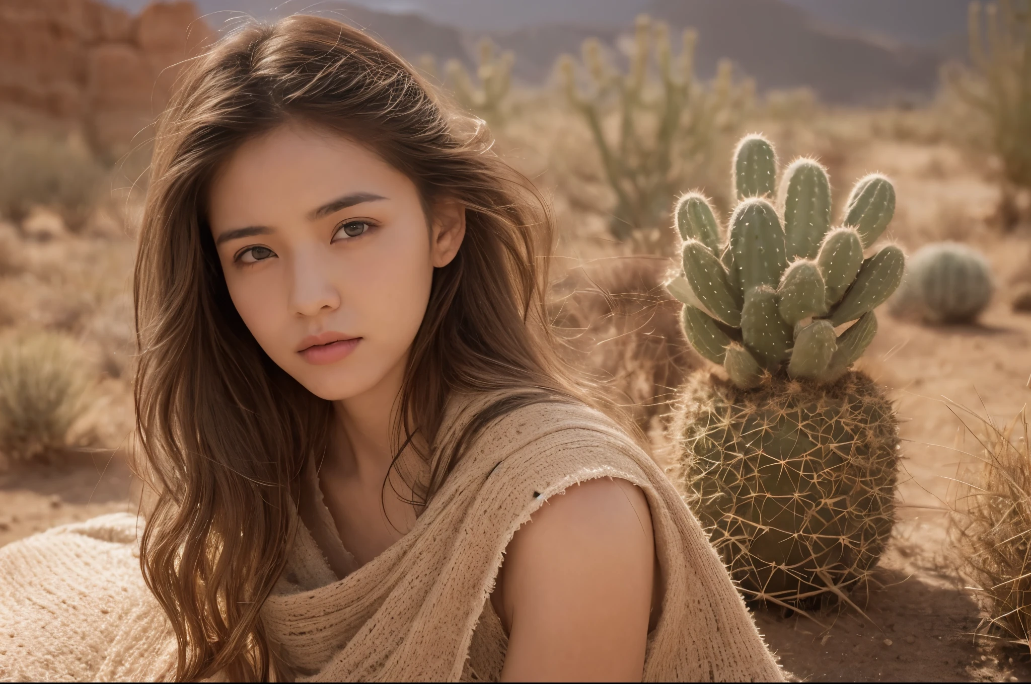 ((Top quality)), ((Excellent)), 32k resolution, realistic photo, level of completion of difficulty S. ((Very beautiful)), one girl, messy hair, realistic skin texture, rugged desert, cactus, feminine pose, divine angle, beyond imagination.