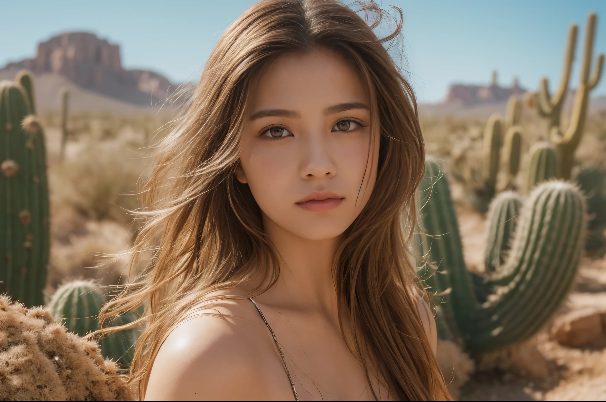 ((Top quality)), ((Excellent)), 32k resolution, realistic photo, level of completion of difficulty S. ((Very beautiful)), one girl, messy hair, realistic skin texture, rugged desert, cactus, feminine pose, divine angle, beyond imagination.