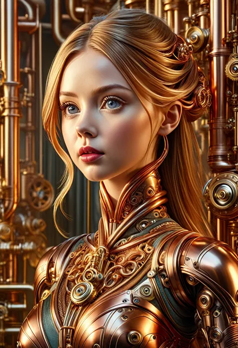 a stunning robot made of copper piping with hair made of intricate copper piping, cascading down like a metallic waterfall. she ...