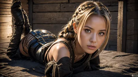 Ultra realistic 14 year old girl,    cos  , long blonde hair with braided bangs , medieval samurai armor , katanas,  flat breast...
