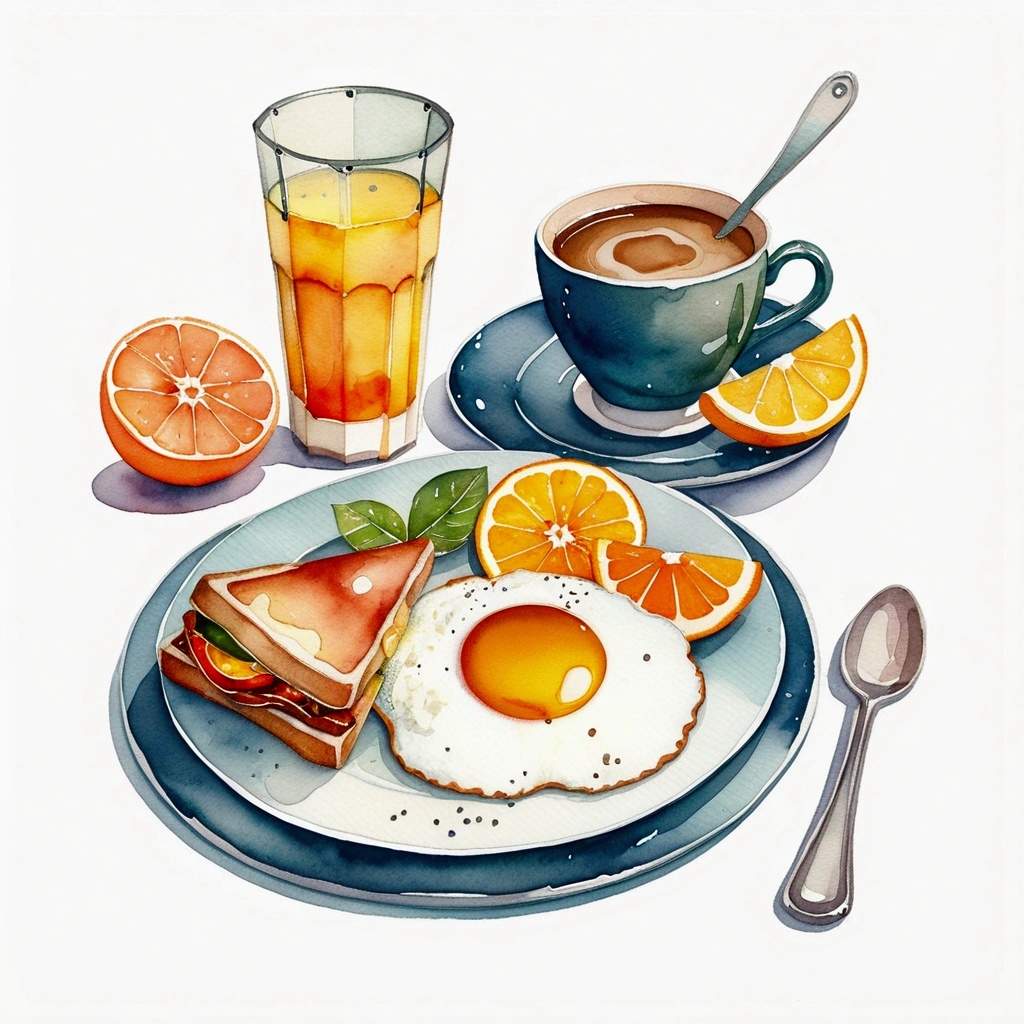 A watercolor painting of javanese indonesia breakfast menu, with a cup of coffee and orange juice, isolated, surrounded with negative space, vector clipart