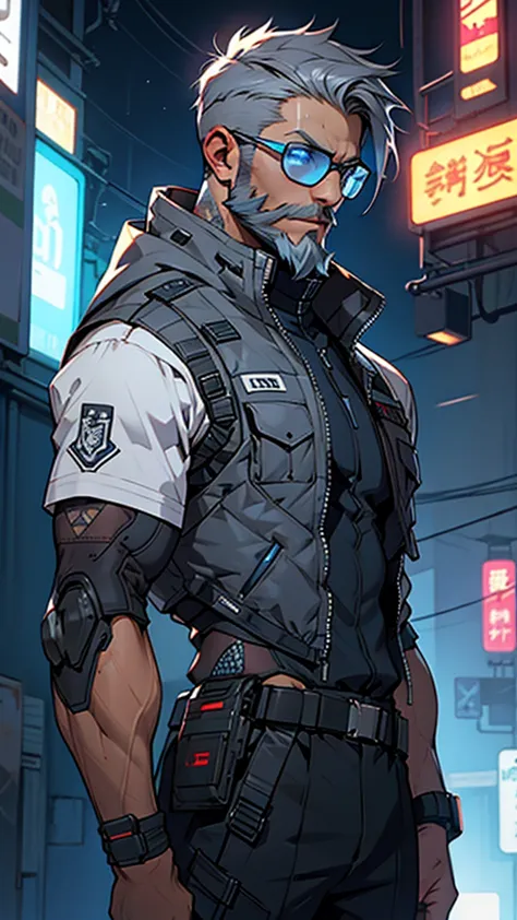 grey and blue mesh short hair、glasses、male、tactical vest、whole body、cyber punk、view here、front、beard