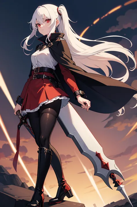 there is an anime character with a giant battle Axe holding the hand, 1girl, solo, long white hair, weapon, red eyes, holding, h...