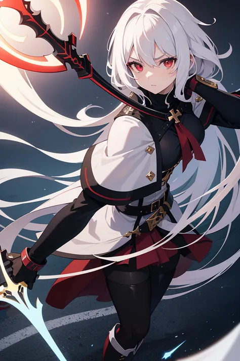 there is an anime character with a giant battle Axe holding the hand, 1girl, solo, long white hair, weapon, red eyes, holding, h...