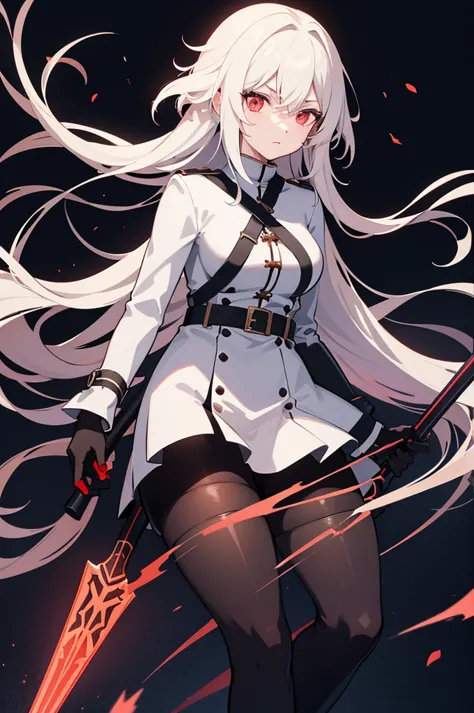 there is an anime character with a giant battle Axe holding the hand, 1girl, solo, long white hair, weapon, red eyes, holding, h...