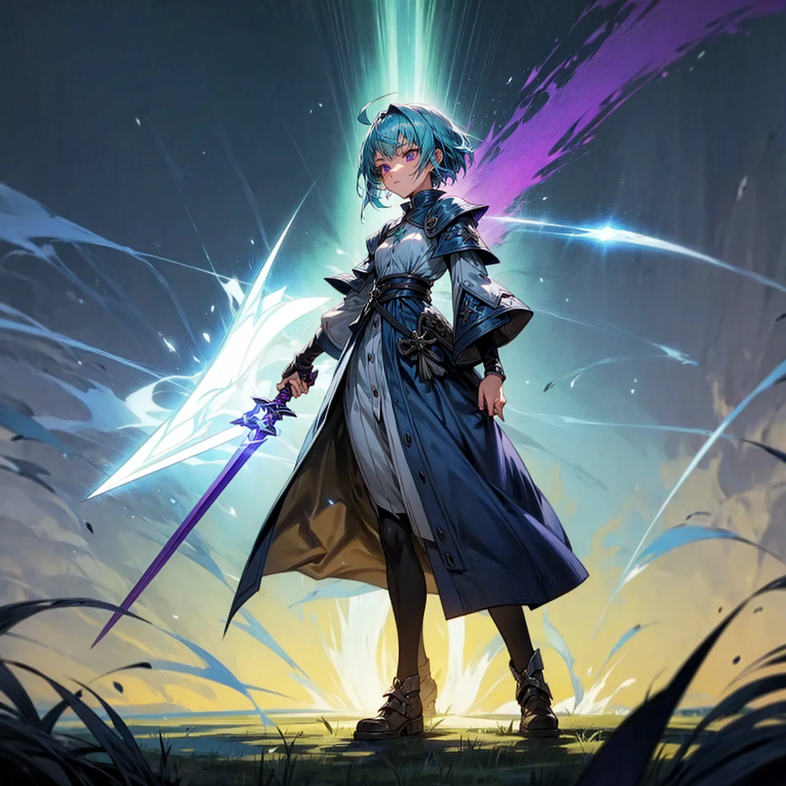 1girl, Full body version, 1character, adult version, purple eyes color, short haircut, blue colour hair, medieval girl style clothing, templar knight armor, spatha sword in hand, Grassroots, background in green field, motion blur, plasma effect, smoke effect, aura effect, lighting, lighting sword, flash, (Hunter x Hunter style), low angle view, standing gesture, detailed face