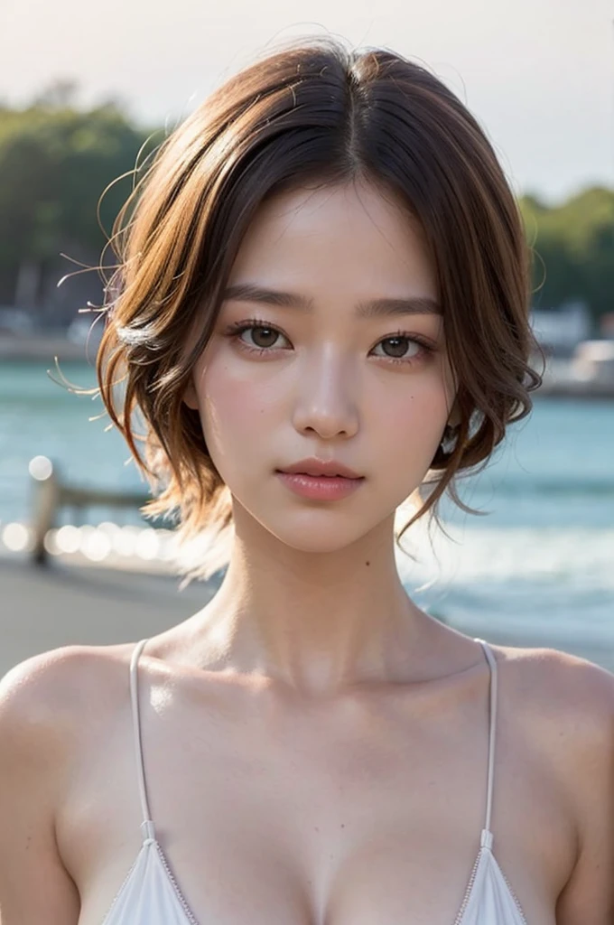 ((Highest quality)),((8K、32k)),(Genuine)、(detailed)、(Beach)、((Bust up shot))、((face closeup))、(White skin)、(Big Breasts)、Golden ratio of face to shoulder width、Micro Bikini、Shiny Hair、Short Hair、Glowing Skin、Japanese、beauty、Looking into the camera、Thick lips、cute、Hehehe:1.2、Shot with a film camera、RAW shooting、#24、Genuine、Photo Genuine:1.4、Photon Mapping、Physically Based Rendering、Perfect Anatomy、Detailed decollete、Detailed Eyes、Detailed double、Detailed masseter muscle、Detailed clavicle、Perfect Fingers、Finger Description、(Quality 8K)、((White skin))、Avoid mascara、Hair with movement、Detailed pores、Natural light、Detailed description、Blushing、Fine pores、Perfect cleavage、masterpiece、Blushing、Hair with movement、Detailed abdominal muscles、Sparkling、sexly、Detailed armpit、(slender)、(Upper Body)、Detailed Eyes元、