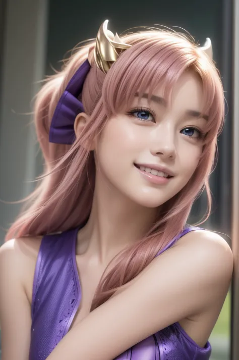 lacusclyne, lacus clyne, (purple eyes:1.1), hair ornament, long hair, wave hair ornament, (pink hair), smile, open mouth,
break ...