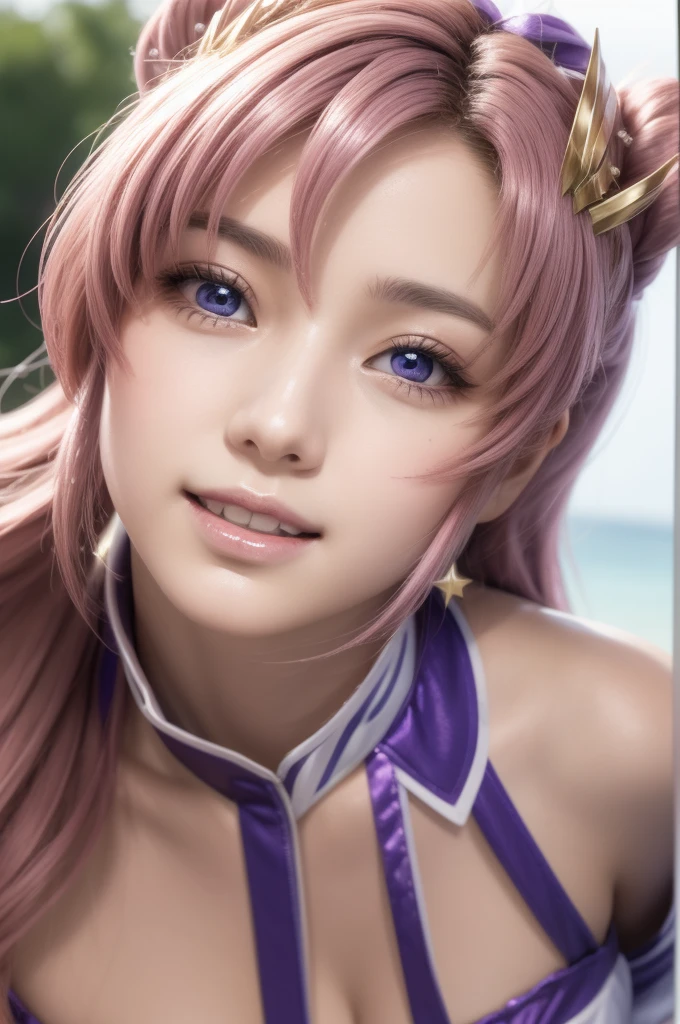 lacusclyne, lacus clyne, (purple eyes:1.1), hair ornament, long hair, wave hair ornament, (pink hair), smile, open mouth,
BREAK purple shine maiden outfit,
BREAK 1girl, 20 years old, Generous Breasts:1.2, Plump shape, 
BREAK looking at viewer, (cowboy shot:1.5),
BREAK outdoors, space, star \(sky\), sun, 
BREAK (Highest quality、4K、8K, masterpiece:1.3), Ultra detailed face, Detailed lips, Detailed eyes, double eyelid, BREAK, (Encouraging smile:1.3), (Seductive pose:1.5), (dynamic pose:1.3), dynamic angle, BREAK, 